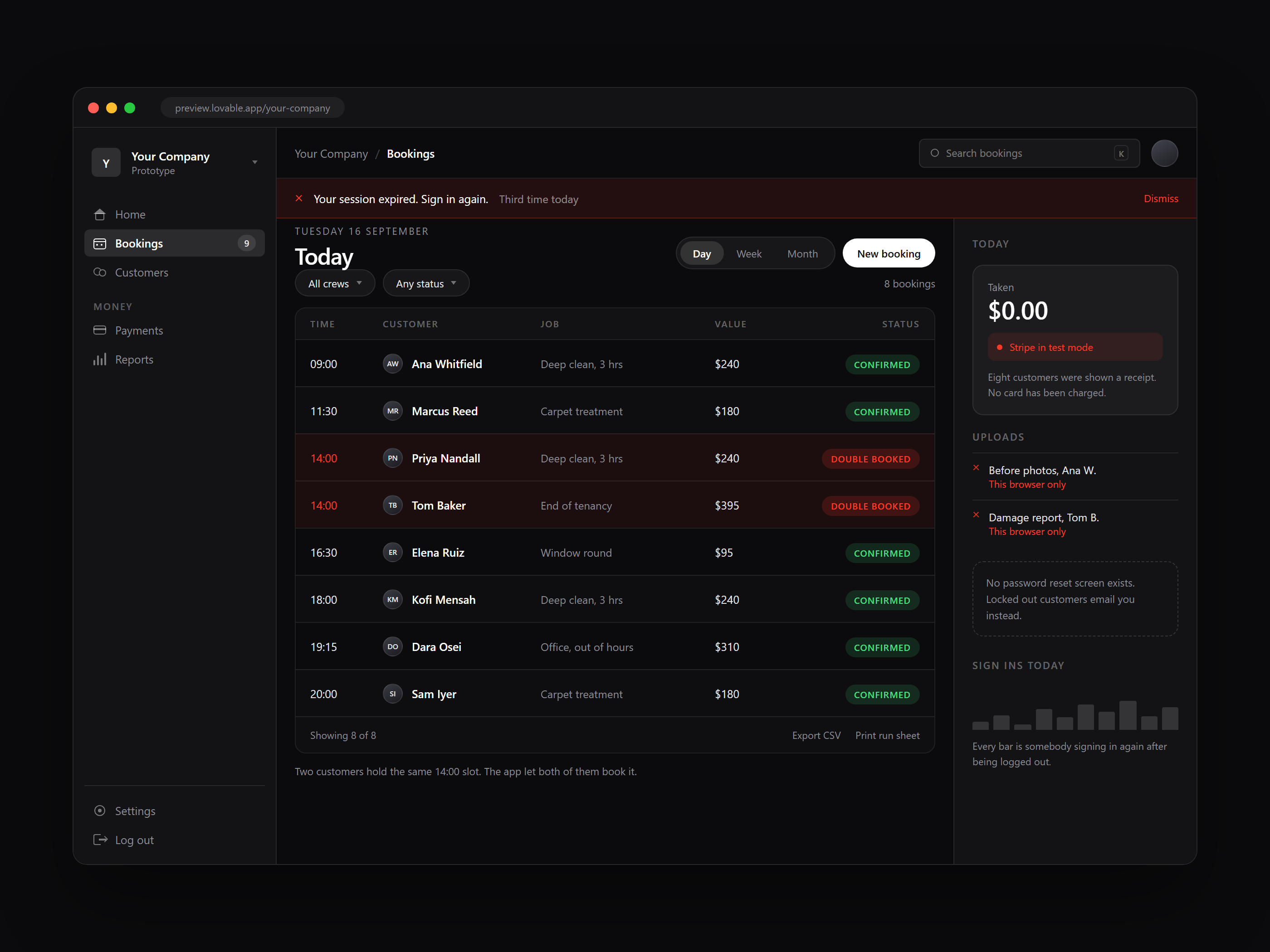 A run through of a first real user, showing which steps work in an AI built prototype and which stop.