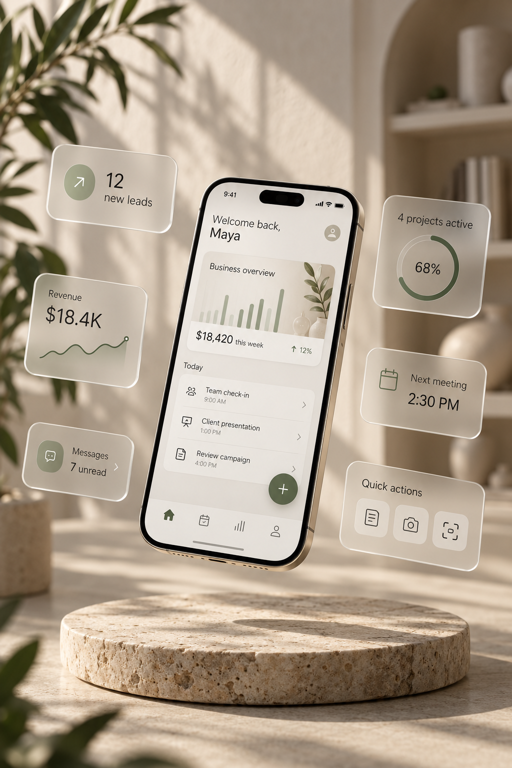 Business dashboard app, shown on a phone with its live tiles