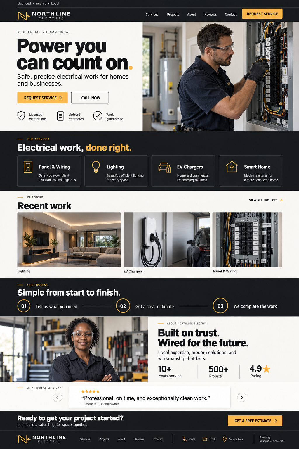 Electrical contractor website, homepage with services and recent work