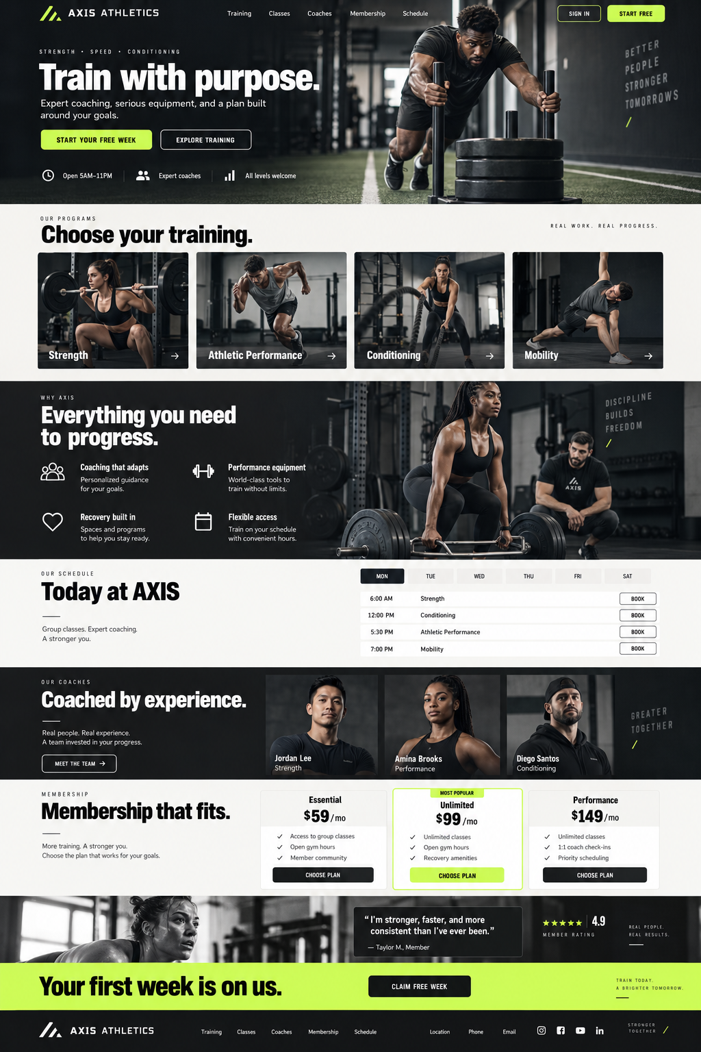 Gym and coaching website, homepage with class schedule
