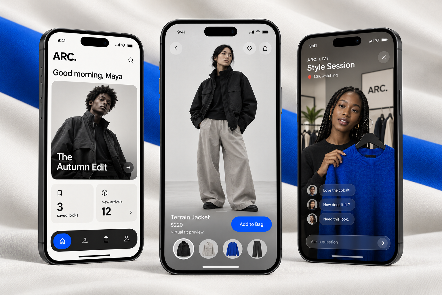 Retail shopping app, home, product page and live styling session