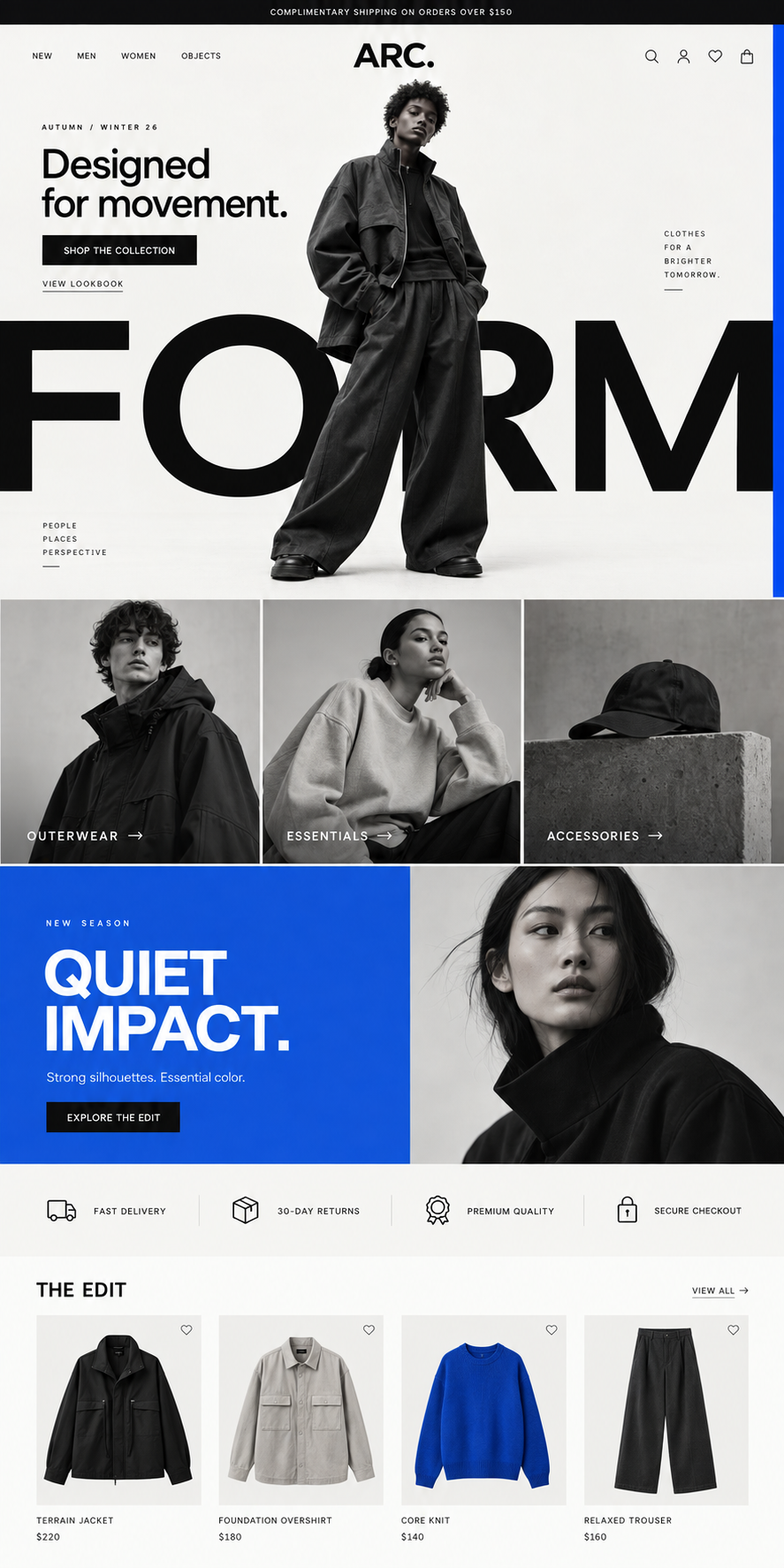 Fashion retail storefront, homepage and product grid