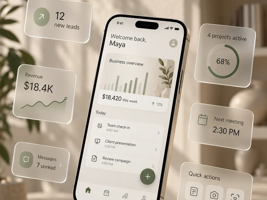Business dashboard app, shown on a phone with its live tiles