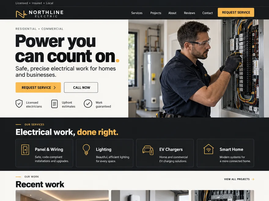 Electrical contractor website, homepage with services and recent work