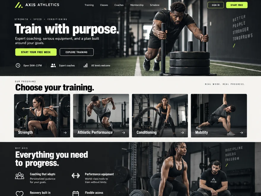 Gym and coaching website, homepage with class schedule