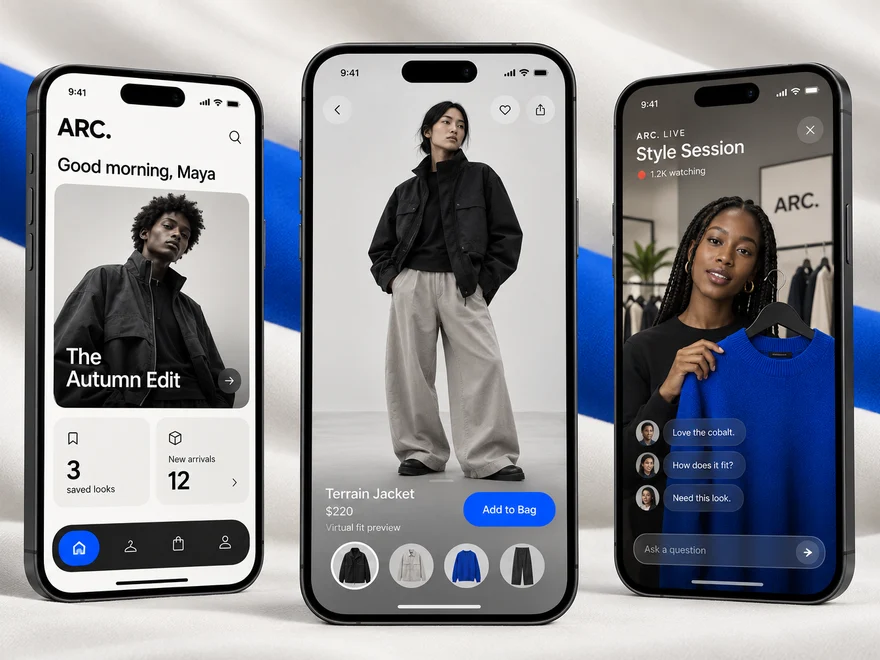 Retail shopping app, home, product page and live styling session